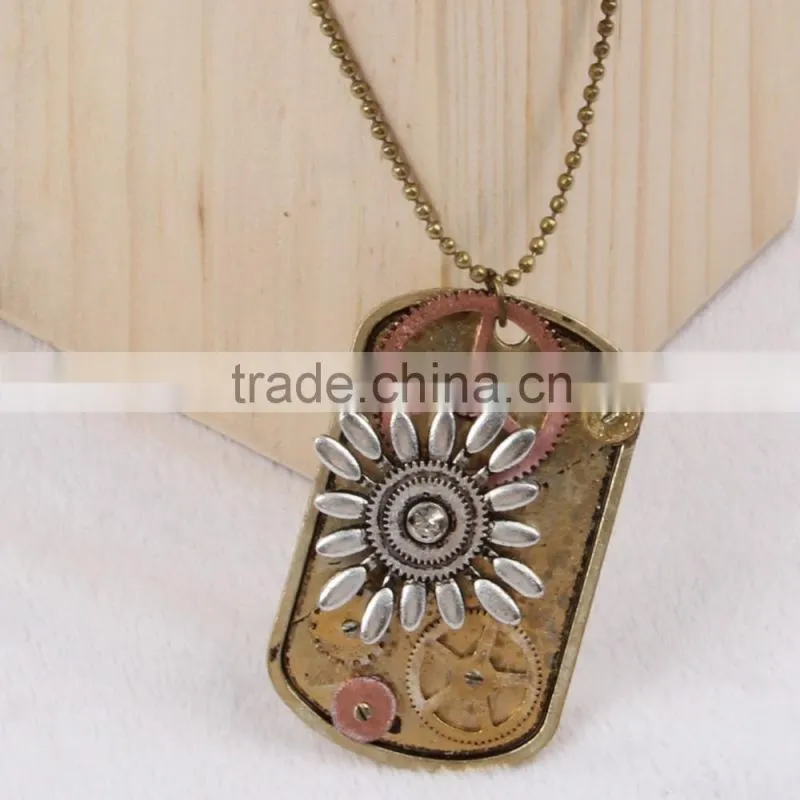 2015 yiwu fashion imitation jewelry hot sale steampunk necklace dog tag gear steam flower pendant cameo statement necklace