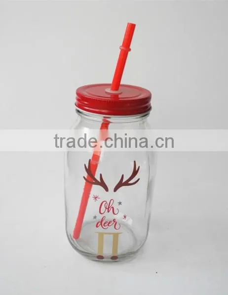 deer printed festival use ecofriendly glass mason jar with pipe