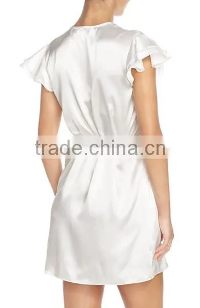 Latex Design Wholesale Satin Robe Shirred Shoulders Double Layer Sweet Style Fashion Ladies Night Sexy Party Dress Wrap Robe