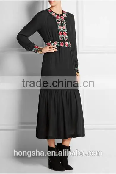 Long Sleeve Black Embroidery Dress Design Latest Women Hand Embroidery Design For Dress HSD6667