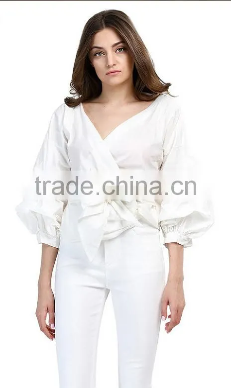2017 new fashion solid tie belt puff sleeve tops