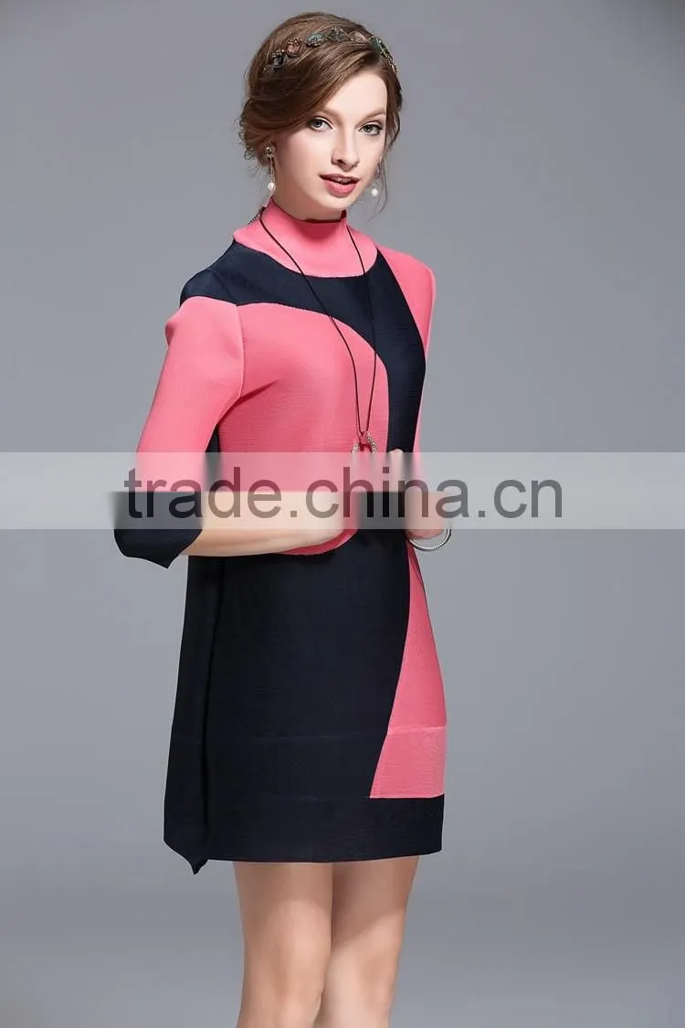 Women creased 3/4 sleeve printing high elastic dresses wholesale