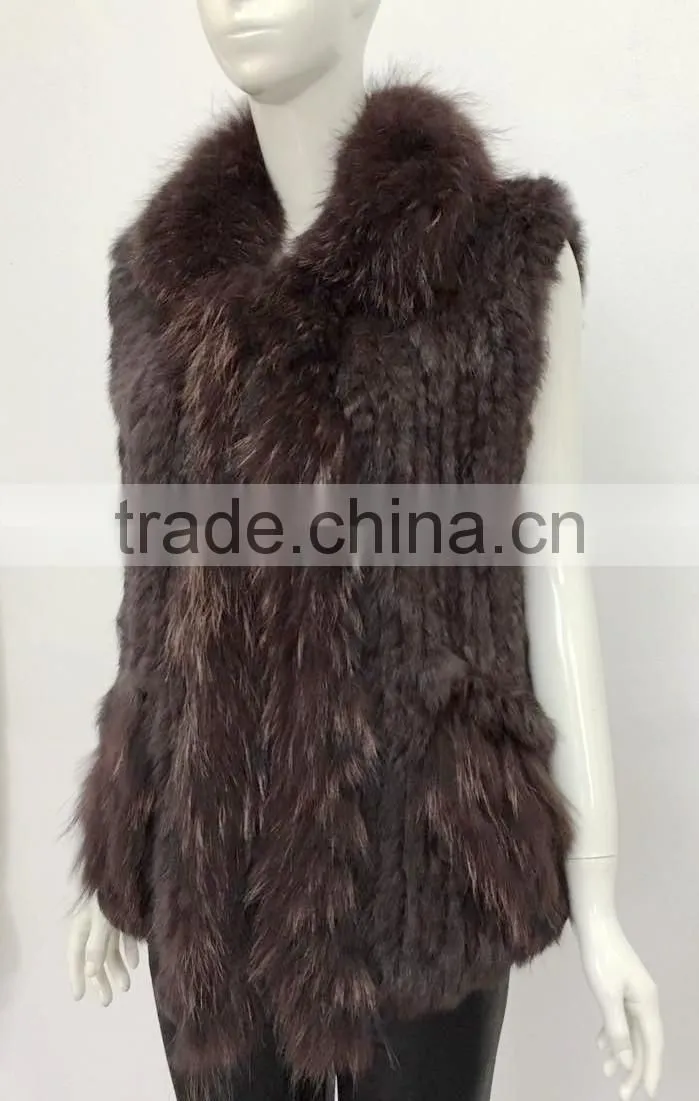 YR644 Women Genuine Rabbit Hand knit with Raccoon Fur Waistcoat Yanran Fur Factory OEM Order Fur Gilet