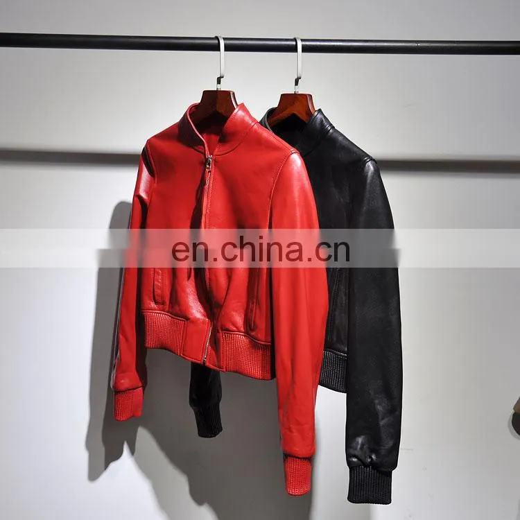 2017 Slim Red Leather Jacket Design Motorcycle Leather Ladies Short Jacket