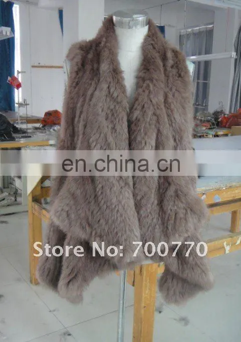 Rabbit Fur Hand Knitted Vest With Open Front And Peaked Hem 2012 New Hand Knitted Style Fashion Women Gilet STY.NO.3053-1
