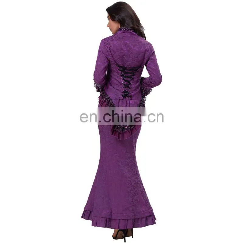 Belle Poque Women's Gothic Victorian Corset Style Lace Embellished V-Neck Jacquard Purple Coat Retro Vintage Tops BP000223-3
