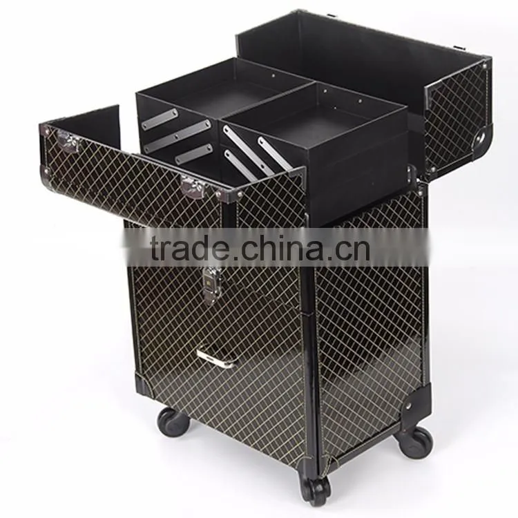 Functional PVC Trolley case Makeup box cosmetic display case With rolling Wheels