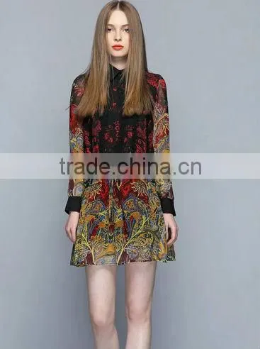 Fashion Designer dress Beautiful Long Sleeve Silk print Dress (stock)