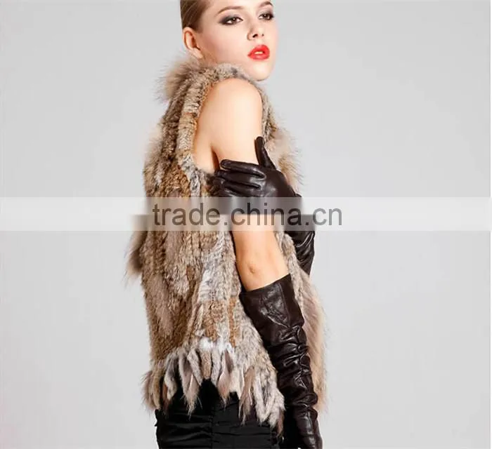 2016 high -end kintted rabbit fur vest with raccoon collar