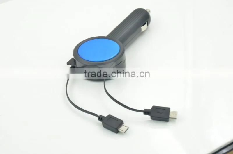 New design protable 3.1A car battery charger with double retractable built-in cable for iphone/samsung/Type-C/htc/blackberry