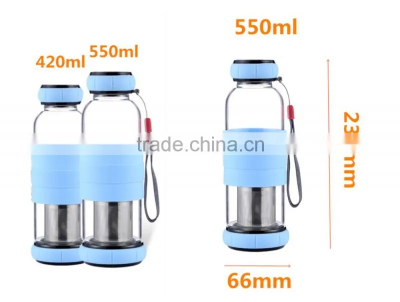 19oz High Glass water bottle with colored sleeve uit infuser water bottle BPA free water bottle with metal lid