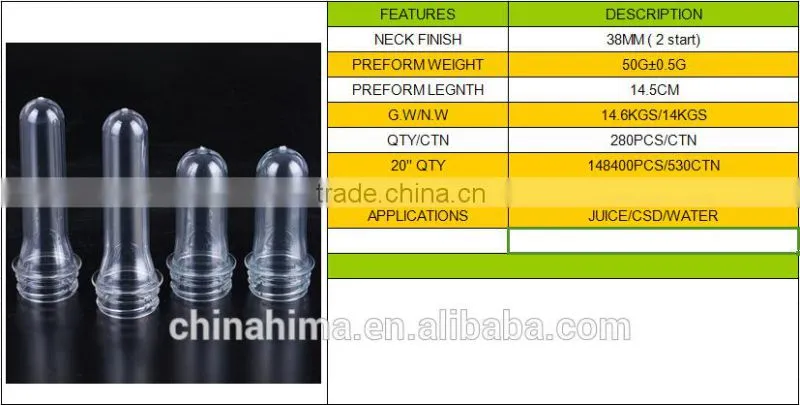 plastic bottle preform 38MM 50G PETFOR MINERAL/JUCIE/CSD/HOTFILLING