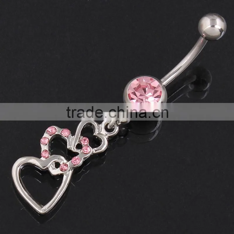 Cubic Zirconia Triple Heart Belly Ring Stainless Steel Body Piercing Jewelry