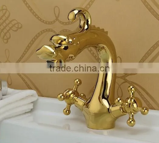 Luxury graceful dragon brass faucet bathroom dual handle gold basin faucet