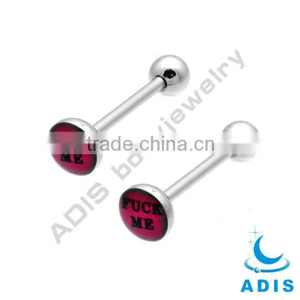 High polished surgical stainless steel tongue barbell with expoxied words logo