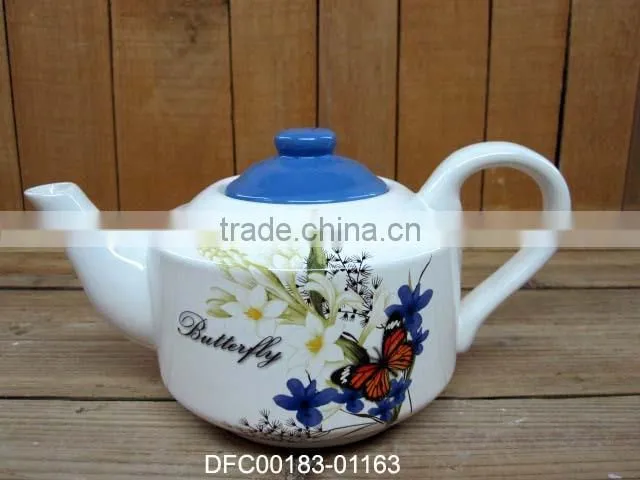 Modern White Ceramic Teapot with Wheat and Daisy Decal