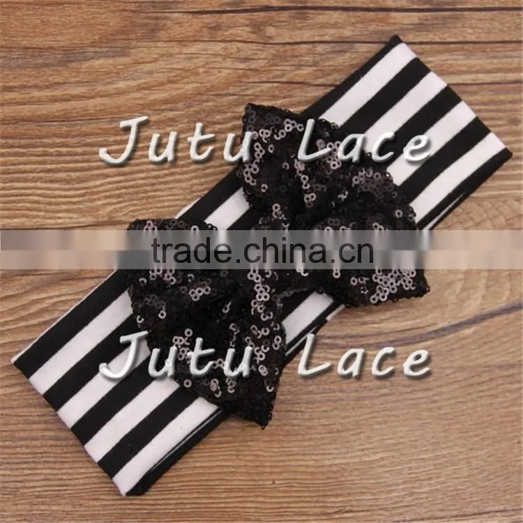 9 colors in stock babies headband stripes fabric, Sequin Bow Stripe Cotton knot headband wholesale