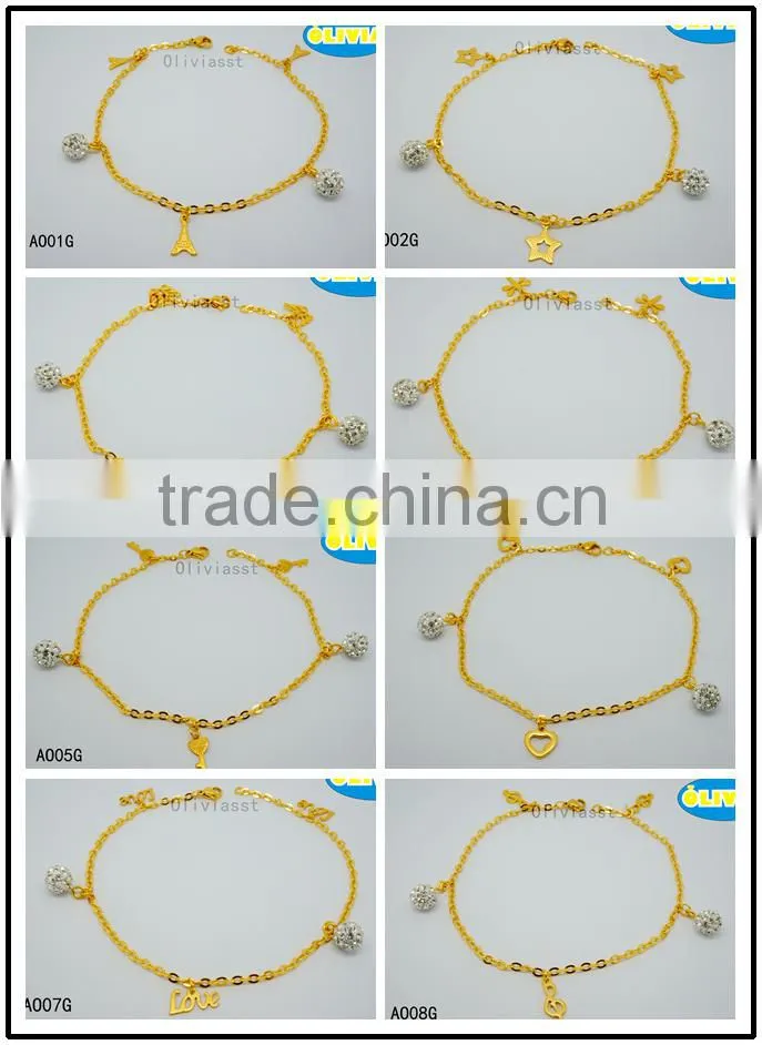 Olivia Jewelry Gold Plated Design Stainless Steel Anklets With Rhinestone Jewelry Wholesale