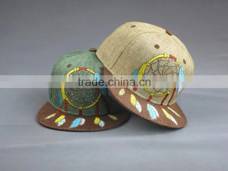 Customer high quality 6- panel Linen snapback hat with flat Embroidered Patch