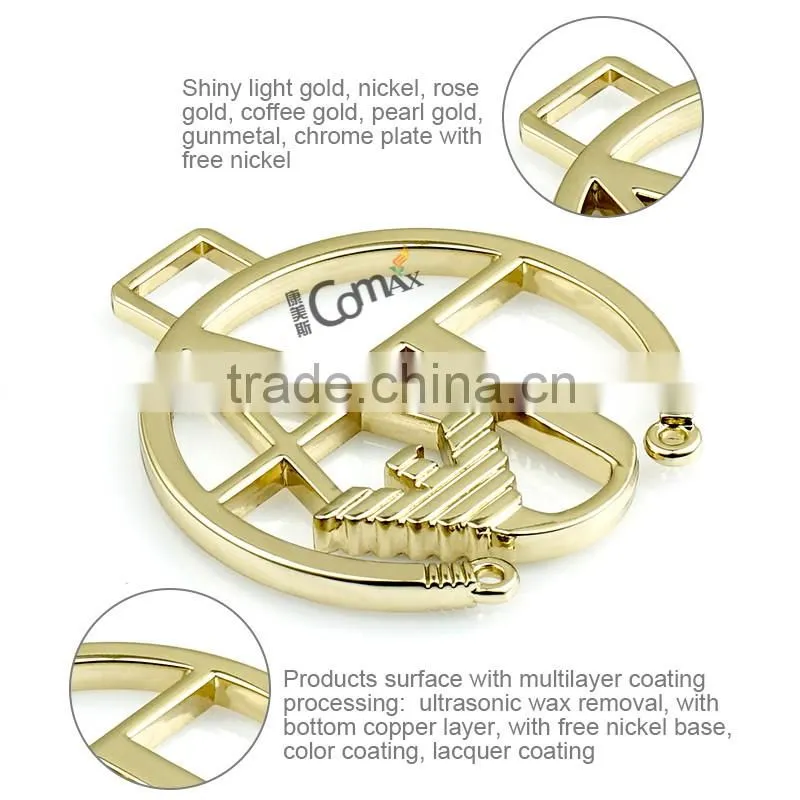 Hollowed metal brand designer handbags logo design with hanging hole