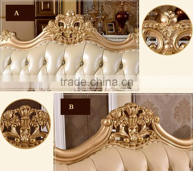 Luxury European style solid wood golden carving genuine leather back matching fabric seat living room corner sofa set