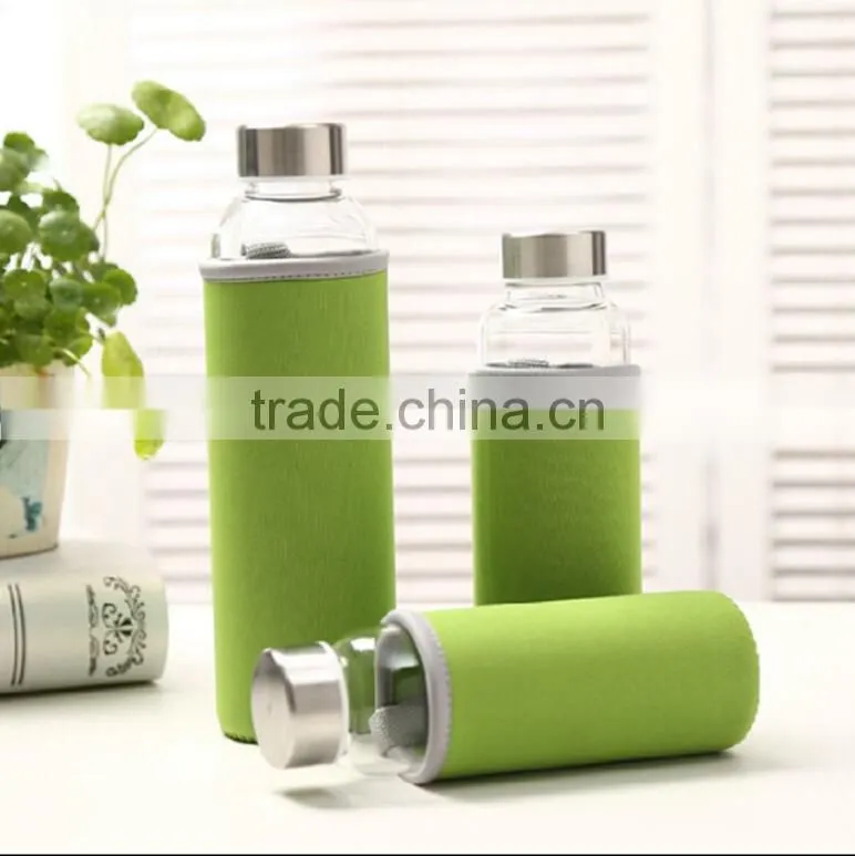 Environmental Borosilicate Glass Water Bottle with Colorful Nylon Sleeve (18oz)