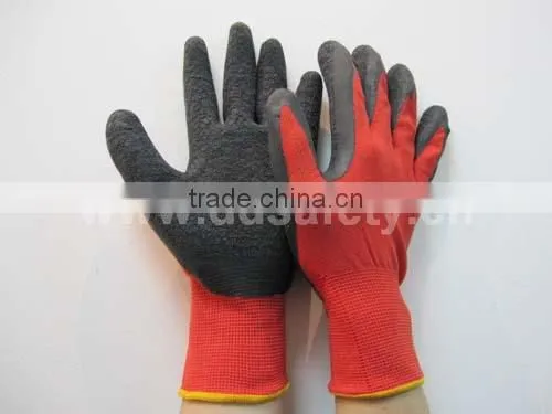13G Red Nylon Polyester Knitting Working Gloves Black Latex Crinkle Palm Coated Safety Gloves