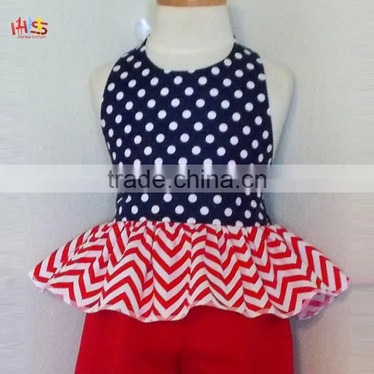 Red White and Blue Polka Dot and Chevrons Ruffled Pant Set Fashion Children Frocks Designs 2016 HSS7861