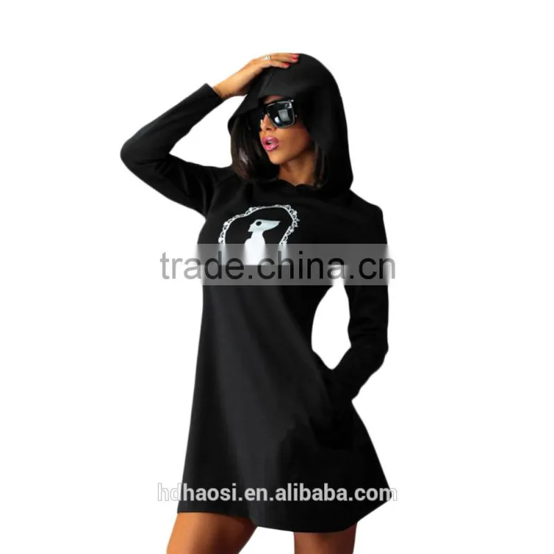 2016 Hotsale New fashion hooded mini dress, Womens Winter Dress with Long Sleeve Pockets design