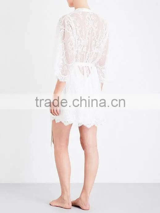 2017 new arrival ladies luxury silk satin robe, sheer floral-lace kimono robe