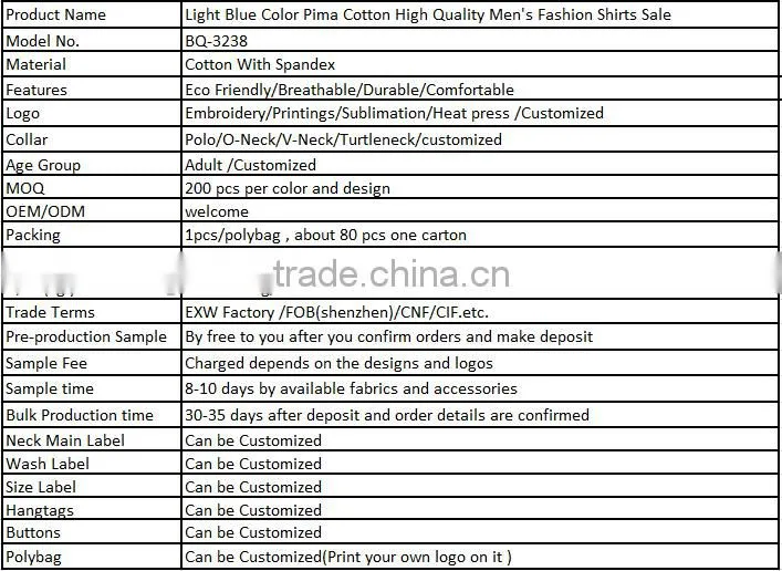 Light Blue Color Pima Cotton High Quality Men's Fashion Shirts Sale