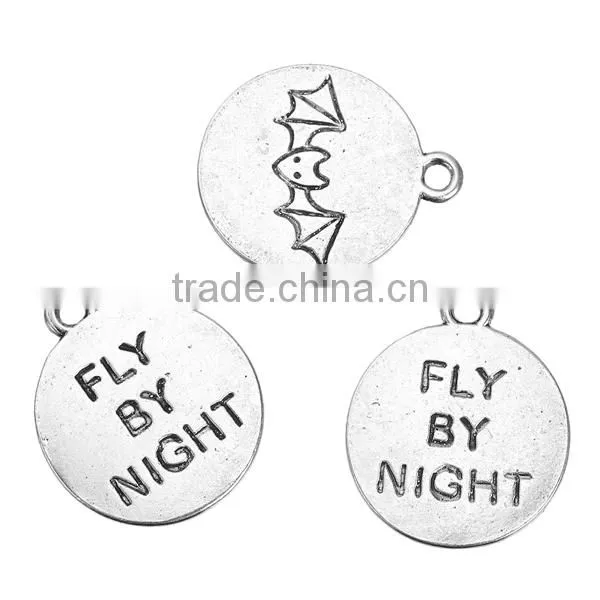 Zinc Based Alloy Halloween Charms Bat Animal Antique Silver Message " Fly By Night " Carved 23mm x 20mm