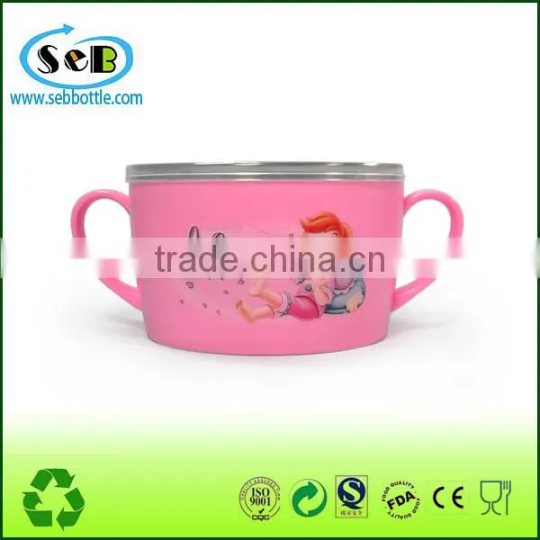 FDA LFGB children cartoon lunch box stainless steel inner and plastic heat resistant outer , kids luch container