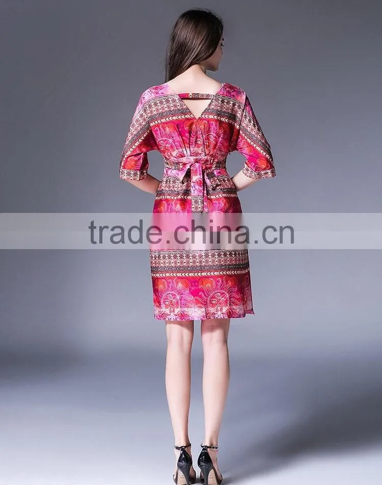 Women Short Sleeve V Neck National Printed Satin Mini Dress Ladies Loose Vintage Design Of Dress