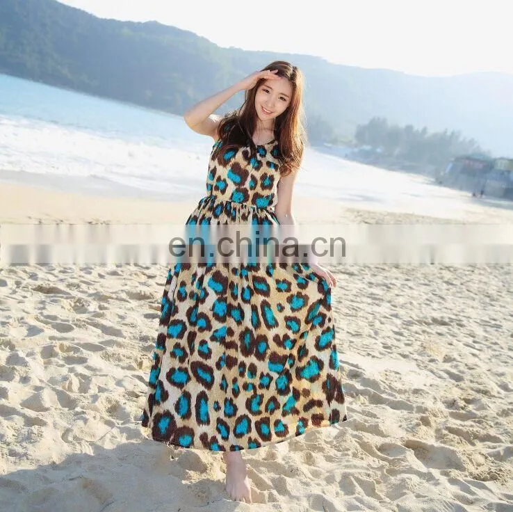 blue leopard sleeveless u neck long dress cotton skirt