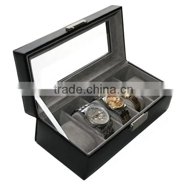 Black Genuine Leather 5-slot Watch Display Box Watch Organizer Case Travel Jewelry Case