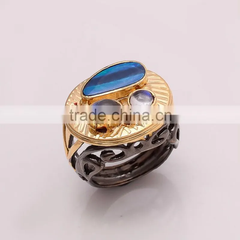 925 SOLID STERLING FINE SILVER ETHOPIAN OPAL & RAINBOW MOONSTONE RING BLACK & GOLD RHODIUM