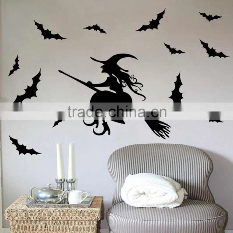 ALFOREVER Halloween Witch fly around bats vinyl sticker,witch wall decals