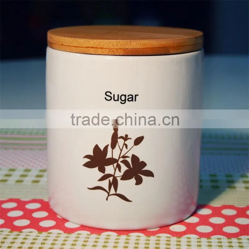 S/3 White Ceramic Canister Set with Bamboo Lid
