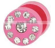 Black Steel Fake Plug with pink Crystal stone