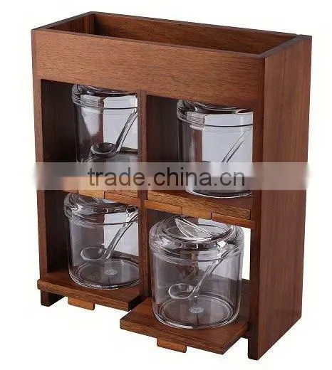 Wooden Bamboo Salt Pepper Spice Rack with 4 Big Glass or Acrylic Spice Bottles