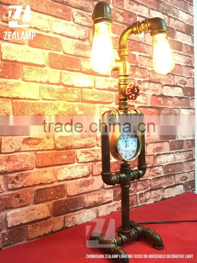 Industrial Style Pipe Lights Steampunk Pipe Table Lamp Edison Lamp Double Head With Clock