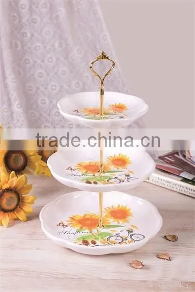 Ceramic Material Sunflower Decal Three Tiers Cake Plates with Metal Stand