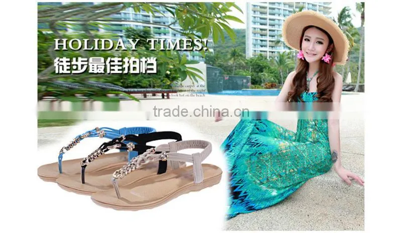 2015 Women Flat Sandals Women's Thong Sandals New Personality Rhinestone Pinch Flat Beading Sandals Bohemia Beach Sandals