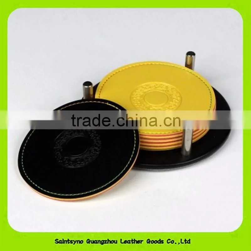 Double-sided high quality genuine leather coaster with holder coaster set 16030