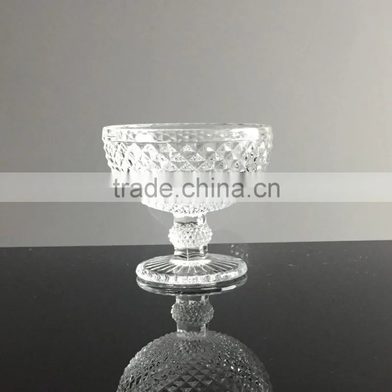 Novelty fancy diamond embossed ice cream glass cup with shot stem