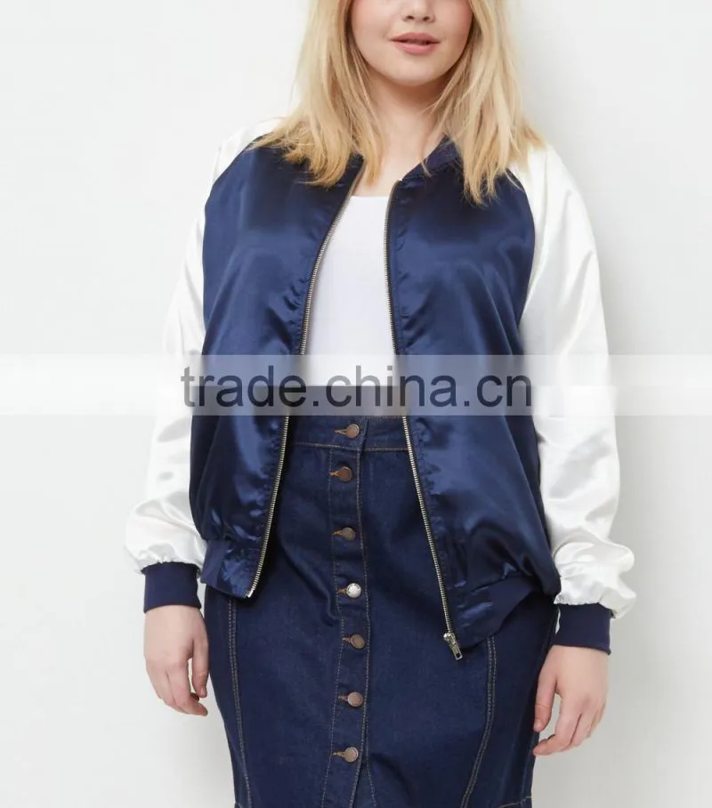 Plus Size Jackets 100% Polyester Blue Colour Block Zipper Bomber Jacket Women Plus Size Winter Coats With Raglan Sleeves