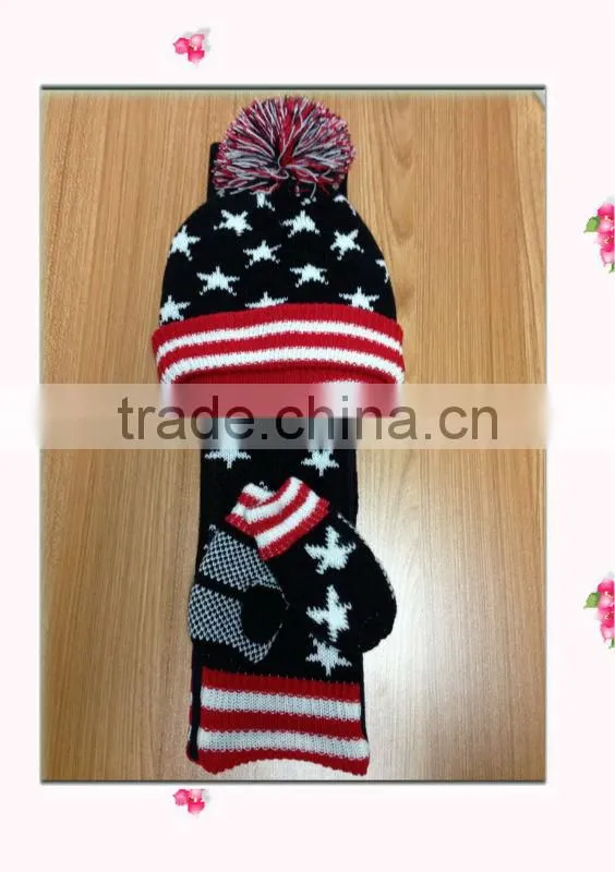 Various design Jacquard fashion winter knitted scarf hat glove sets