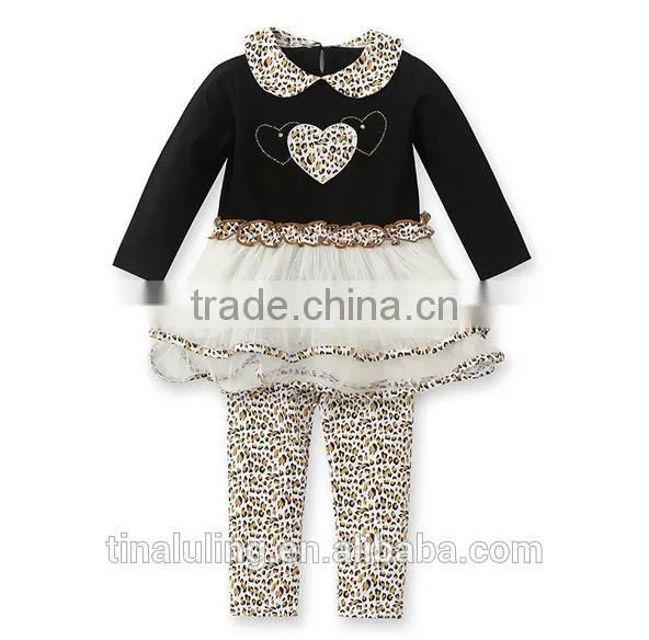 Wholesale clothing baby clothes New Arrival baby girls boutique leopard heart shap dress with leggings 2pcs outfits
