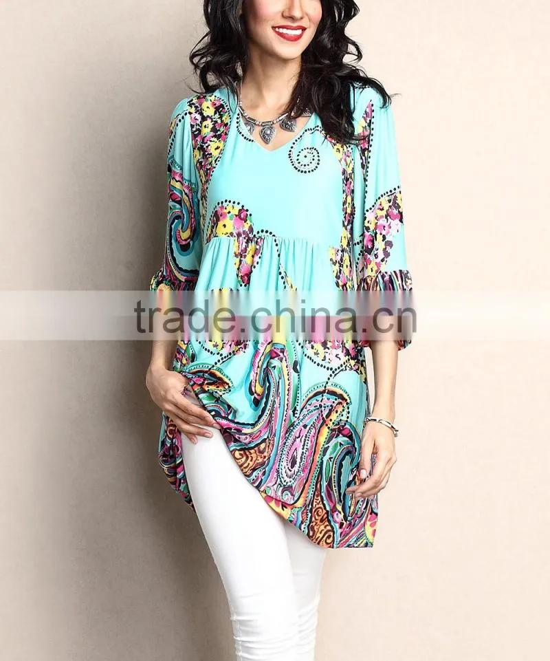 2016 New Women Tops With Aqua & Red Swirl Empire-Waist Tunic Women Blouse Women Clothing GD90426-34